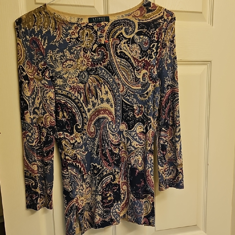Ralph Lauren Blue Tan Fitted 3/4 Sleeve Blouse